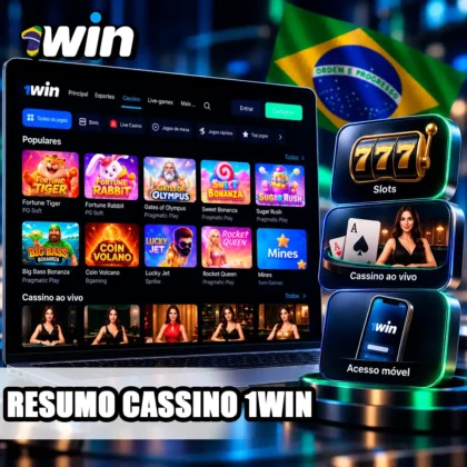 Catálogo da 1win no notebook com resumo de slots, cassino ao vivo e acesso móvel.
