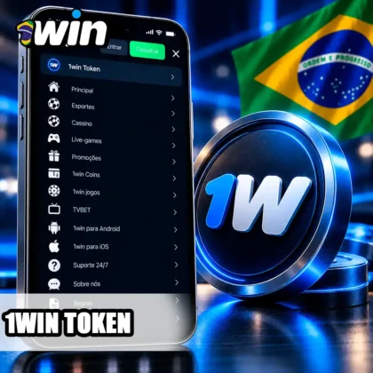 Menu da 1win com seção Token e símbolo digital sem cotações ou promessas financeiras.