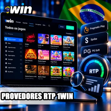 Catálogo da 1win em notebook com cartão de provedores e indicador de RTP sem valores inventados.