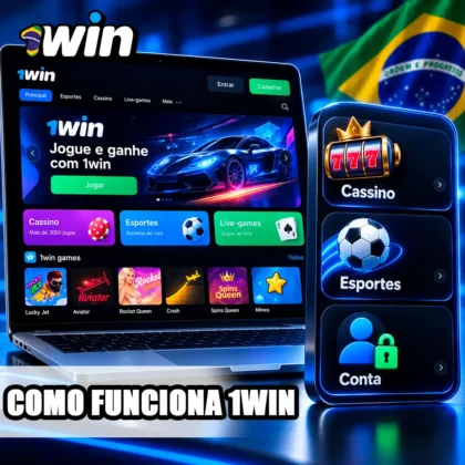 Interface de cassino em notebook com resumo visual de jogos, navegação e funções da conta.