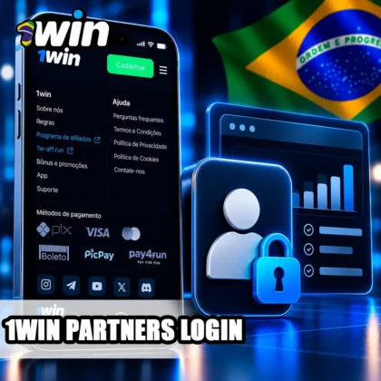 Área de parceiros da 1win com símbolo de login e painel analítico ilustrativo.