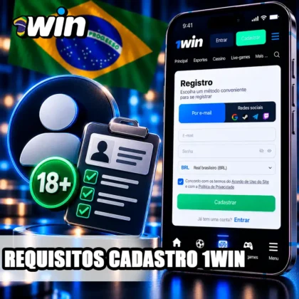 Tela da 1win com perfil adulto, indicação 18+ e checklist de elegibilidade para cadastro.