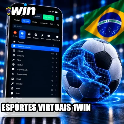 Menu esportivo da 1win no celular com bola digital representando competições virtuais.
