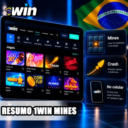 Tablet com Mines Classic e resumo das categorias de jogos e acesso móvel da 1win.