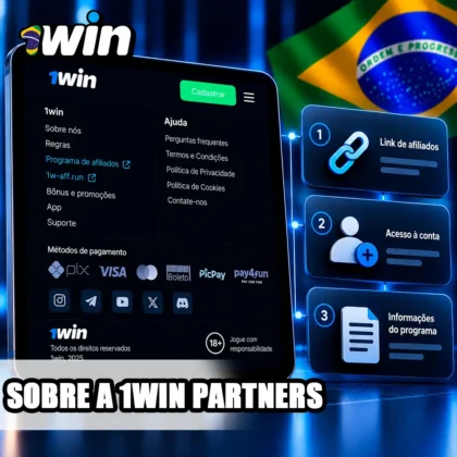 Tablet com referência aos afiliados da 1win e resumo de acesso e informações do programa.